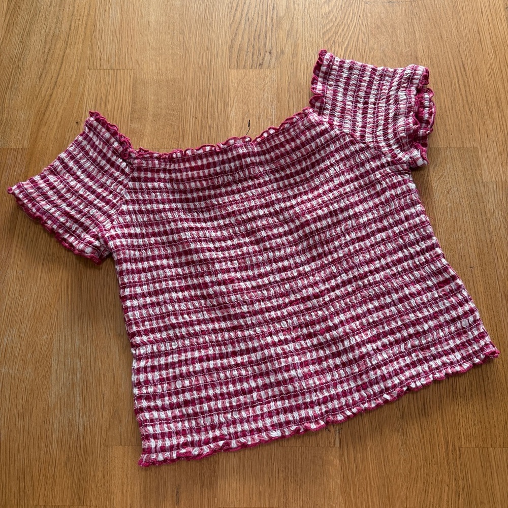 Urban Outfitters MEDIUM Red White Gingham Off the Shoulder Crop Top - Picture 2 of 8
